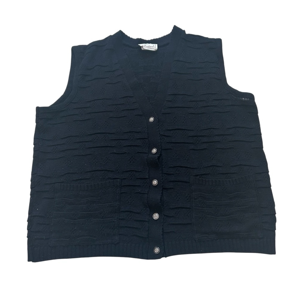 Vintage Black Knit Women's Tradition Vest Silver buttons 2 front pockets Size XL